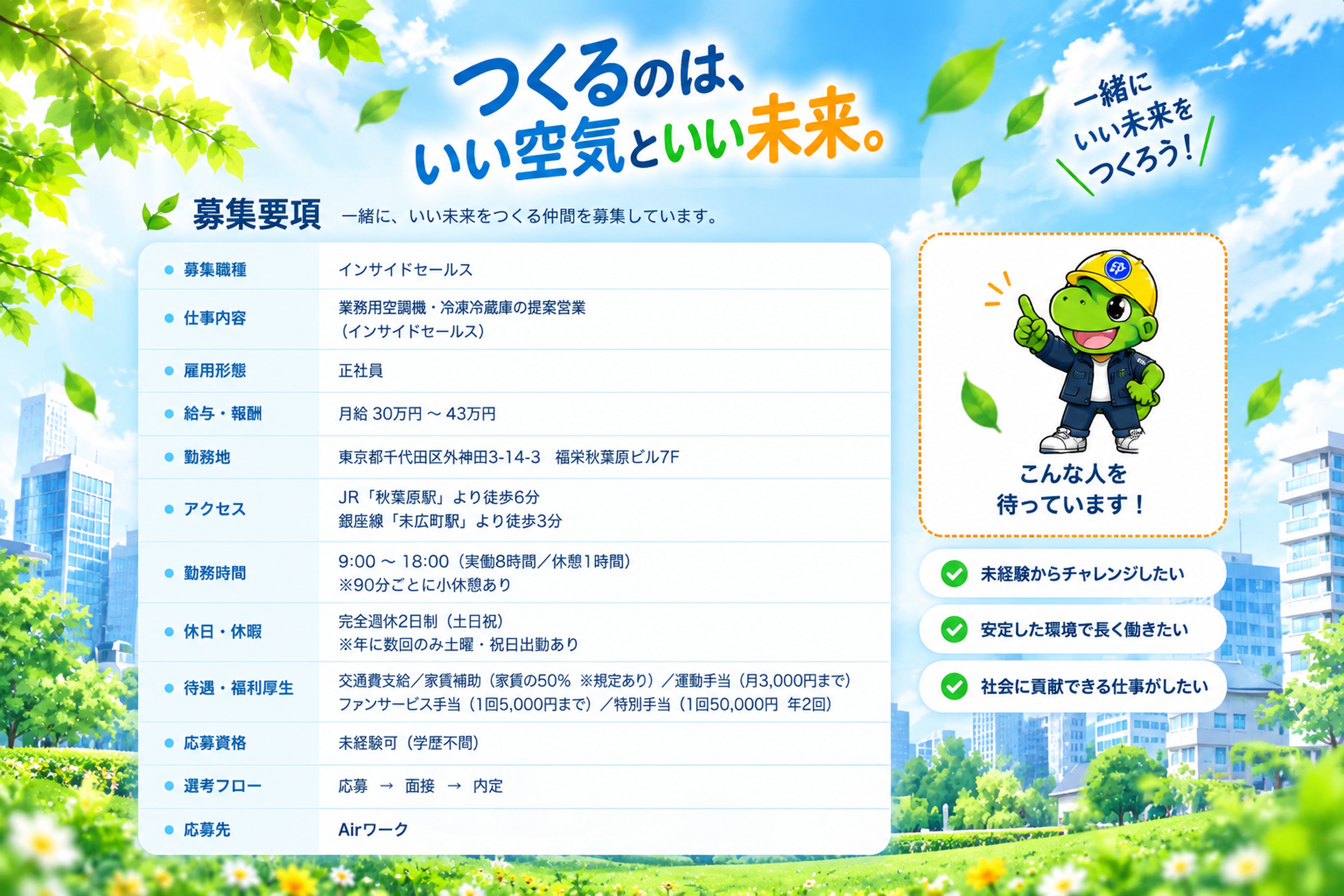 募集要項：インサイドセールス。月給30万円〜43万円。勤務地は東京都千代田区外神田3-14-3 福栄秋葉原ビル7F。未経験可・学歴不問。